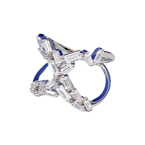 Silver Emerald Diamond Baguette Cubic Zirconia X Shape Ring Size 7 Size 8 - Picture 5 of 17